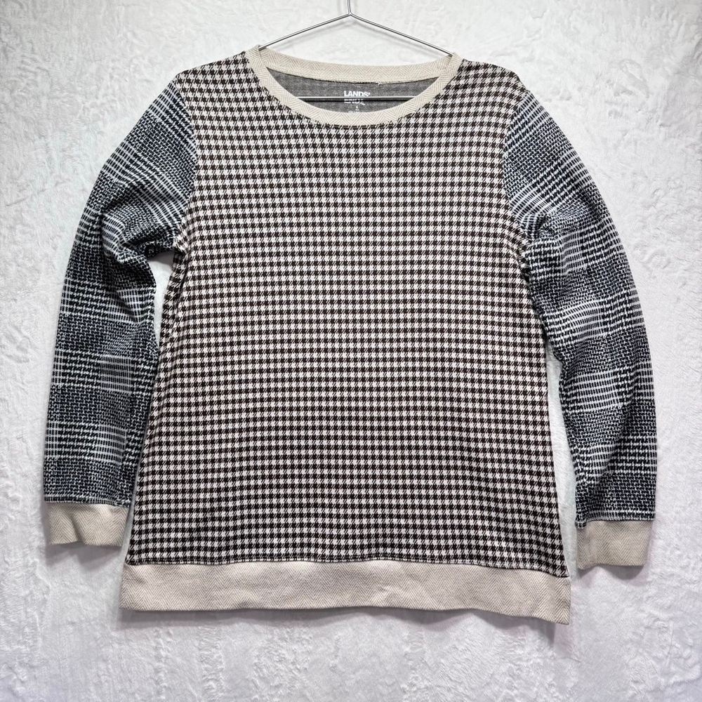 Lands End Sport Knit Mixed Houndstooth & Herringbone Tunic Top. Brown Tan Small